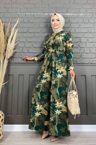 بذلة منقوشة بأزرار مخفية على جانب الصدر وحزام للخصر 3486 زمرد - Bym Fashion (1)