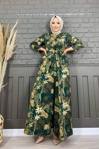 Chest Side Hidden Buttons Waist Belted Print Patterned Jumpsuit 3486 Emerald - Bym Fashion