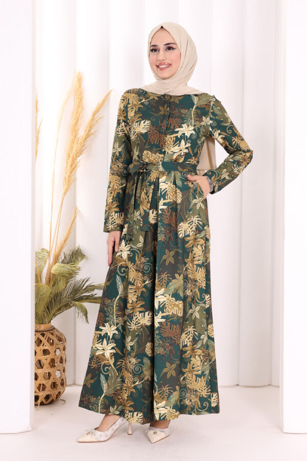 Göğüs Kısmı Gizli Düğmeli Bel Kuşaklı Baskı Desenli Tulum 3486 Zümrüt - 4