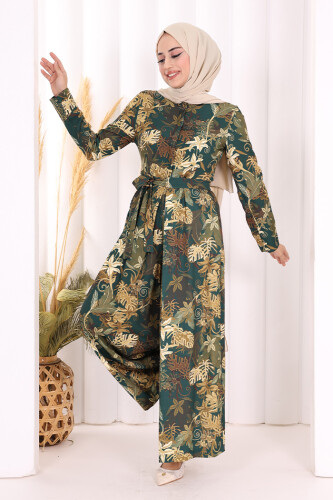 Göğüs Kısmı Gizli Düğmeli Bel Kuşaklı Baskı Desenli Tulum 3486 Zümrüt - 5