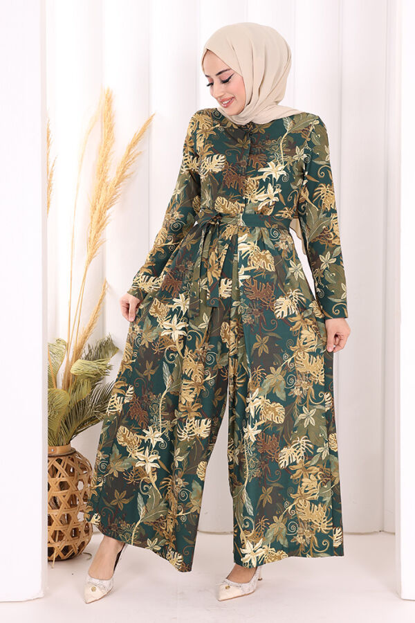 Göğüs Kısmı Gizli Düğmeli Bel Kuşaklı Baskı Desenli Tulum 3486 Zümrüt - 6