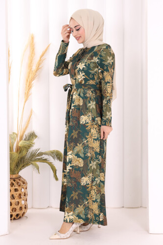 Göğüs Kısmı Gizli Düğmeli Bel Kuşaklı Baskı Desenli Tulum 3486 Zümrüt - 7