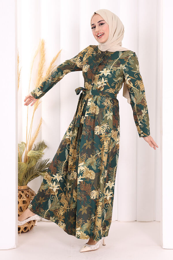 Göğüs Kısmı Gizli Düğmeli Bel Kuşaklı Baskı Desenli Tulum 3486 Zümrüt - 8