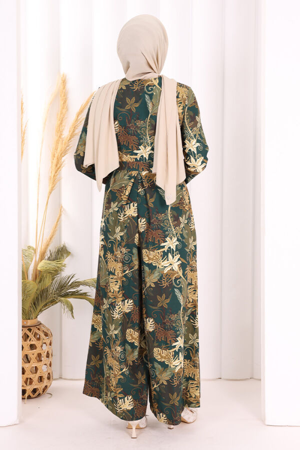 Göğüs Kısmı Gizli Düğmeli Bel Kuşaklı Baskı Desenli Tulum 3486 Zümrüt - 9