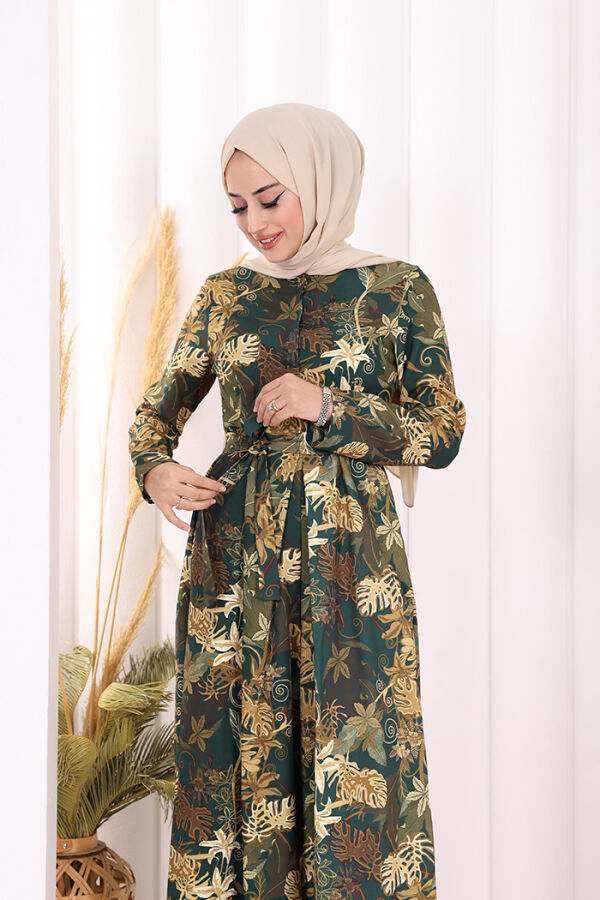 Göğüs Kısmı Gizli Düğmeli Bel Kuşaklı Baskı Desenli Tulum 3486 Zümrüt - 10