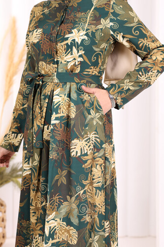 Göğüs Kısmı Gizli Düğmeli Bel Kuşaklı Baskı Desenli Tulum 3486 Zümrüt - 11