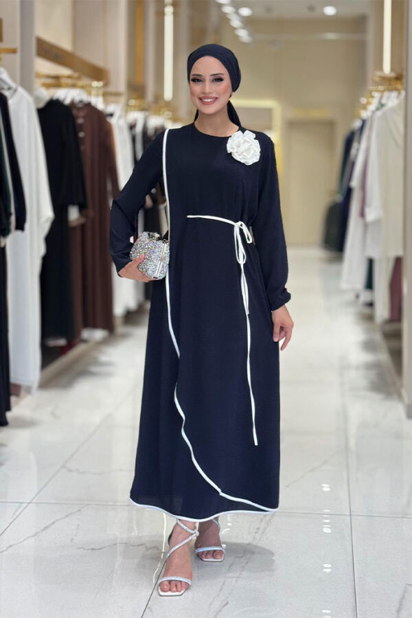 Gül Detaylı Elbise 3976 Lacivert - 1