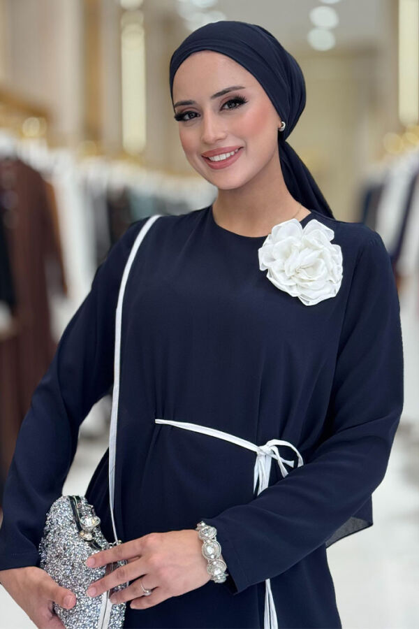 Gül Detaylı Elbise 3976 Lacivert - 4