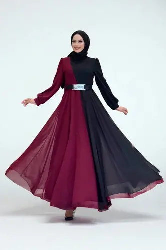 Two Color Chiffon Waist Belt Accessory Evening Dress 3806 Claret Red - Bym Fashion (1)