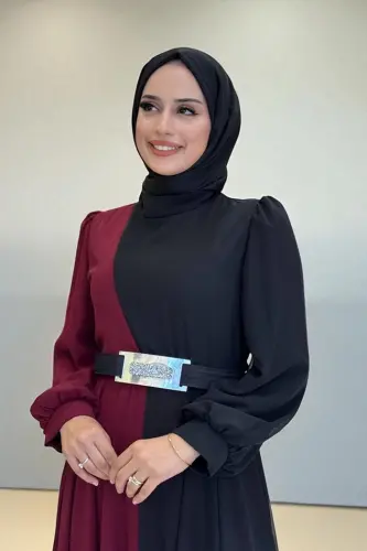 İki Renkli Şifon Bel Kemer Aksesuarlı Abiye Elbise 3806 Bordo - 4