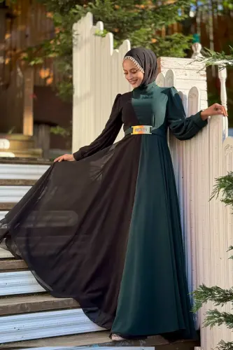 Two Color Chiffon Waist Belt Accessory Evening Dress 3806 Emerald - Bym Fashion (1)