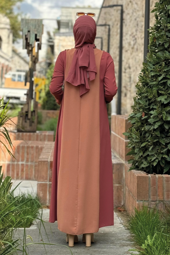 İki Renkli Taş Baskılı Elbise 3848 Gül Kurusu - Bym Fashion (1)