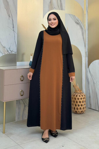 İki Renkli Taş Baskılı Elbise 3848 Siyah - Bym Fashion