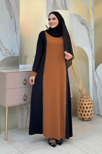 İki Renkli Taş Baskılı Elbise 3848 Siyah - 3