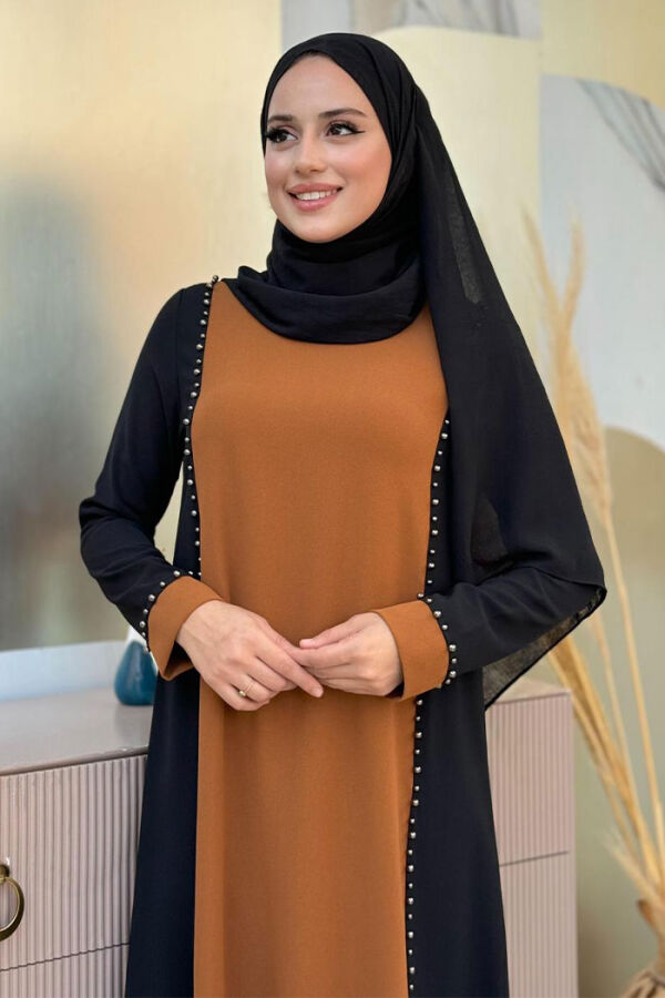 İki Renkli Taş Baskılı Elbise 3848 Siyah - 4