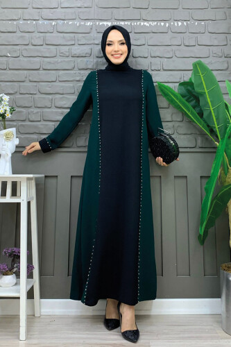 İki Renkli Taş Baskılı Elbise 3848 Zümrüt - Bym Fashion