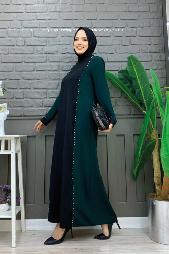 İki Renkli Taş Baskılı Elbise 3848 Zümrüt - Bym Fashion (1)