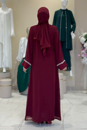 İnci Detaylı Abaya Elbise Takım 8493 Bordo - Bym Fashion (1)