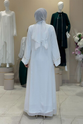 İnci Detaylı Abaya Elbise Takım 8493 Ekru - Bym Fashion (1)