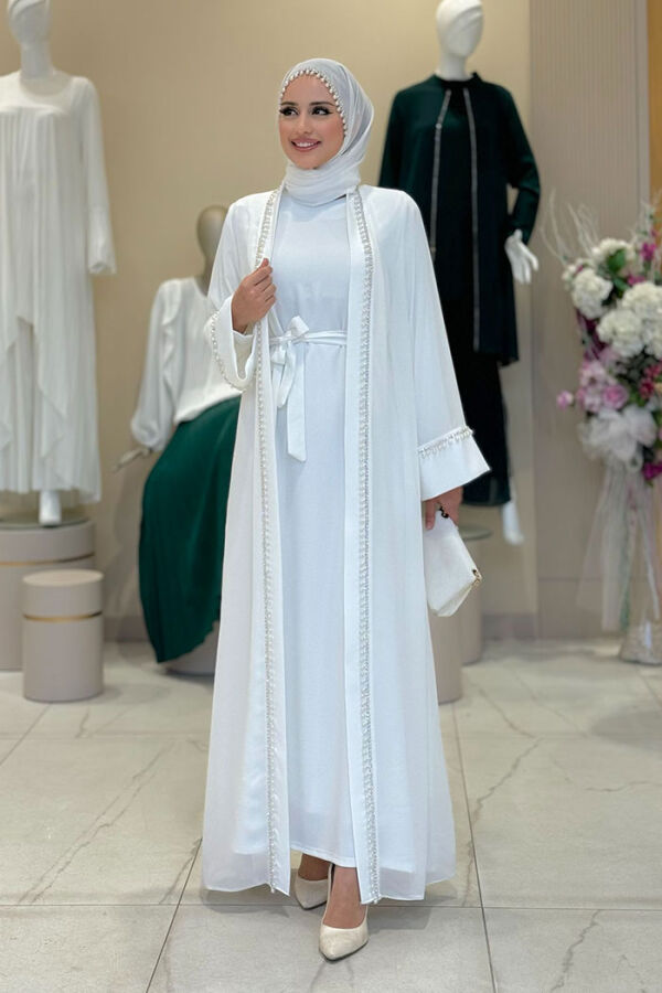 İnci Detaylı Abaya Elbise Takım 8493 Ekru - 1