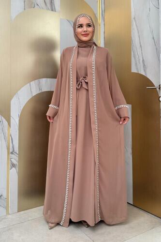İnci Detaylı Abaya Elbise Takım 8493 Vizon - 1