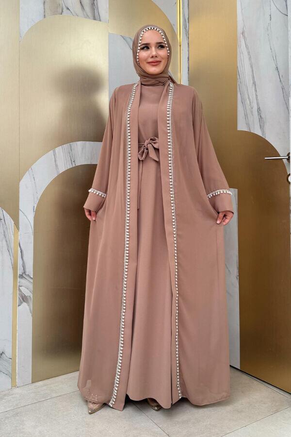 İnci Detaylı Abaya Elbise Takım 8493 Vizon - 1