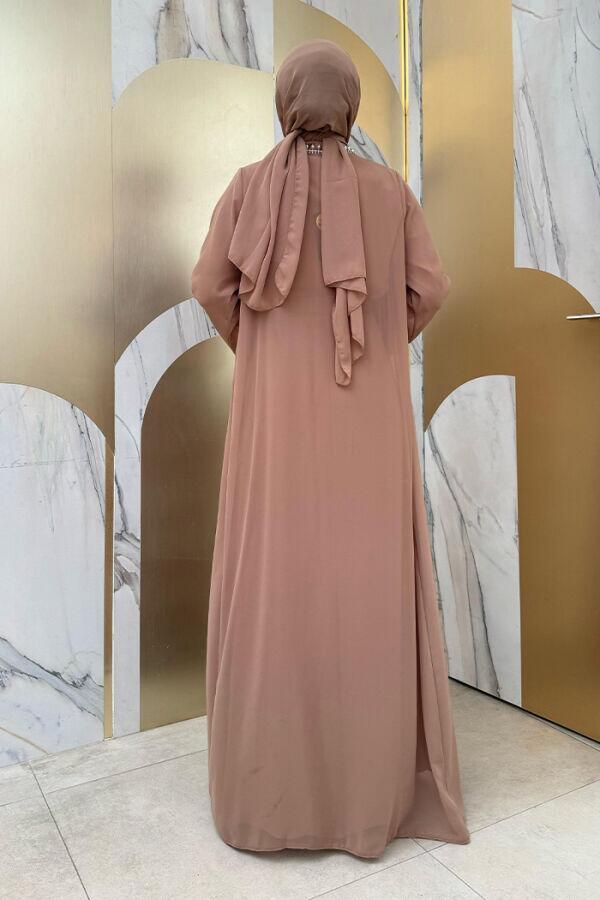 İnci Detaylı Abaya Elbise Takım 8493 Vizon - 2