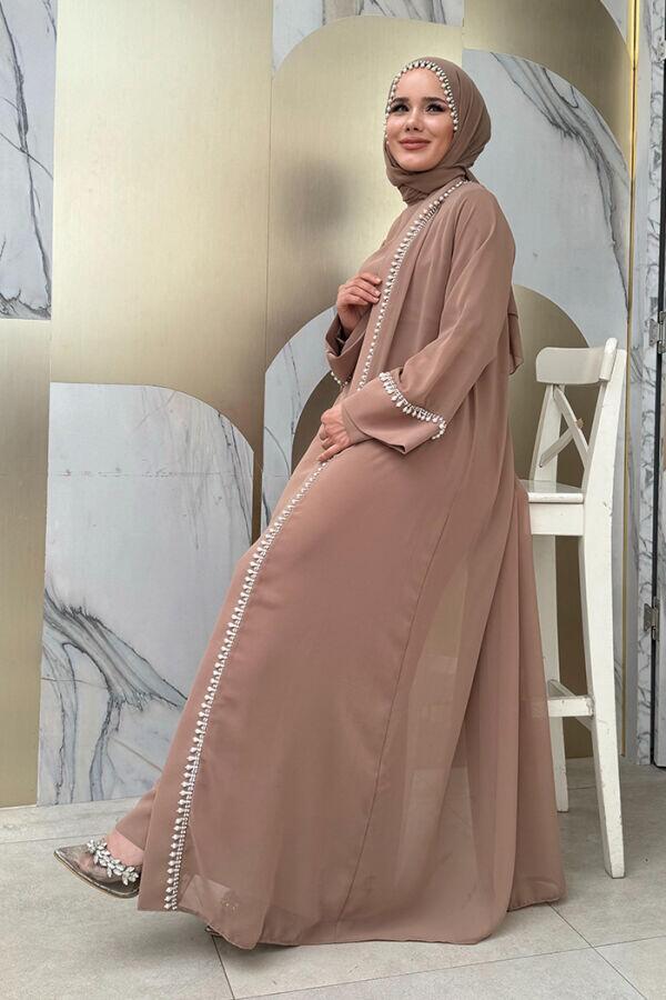 İnci Detaylı Abaya Elbise Takım 8493 Vizon - 3
