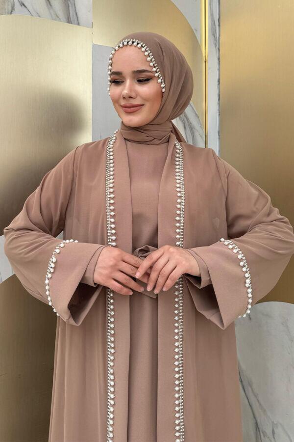 İnci Detaylı Abaya Elbise Takım 8493 Vizon - 4