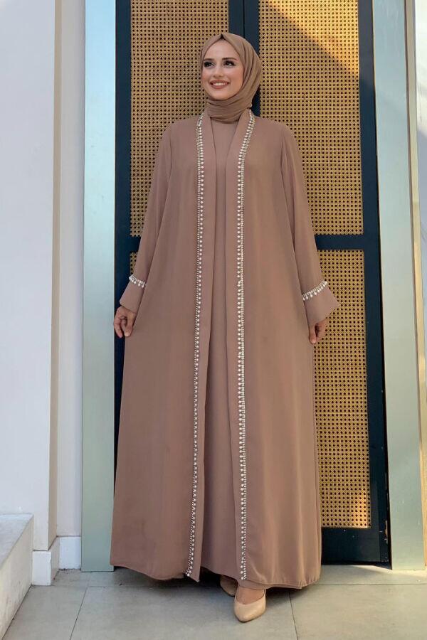 İnci Detaylı Abaya Elbise Takım 8493 Vizon - 5