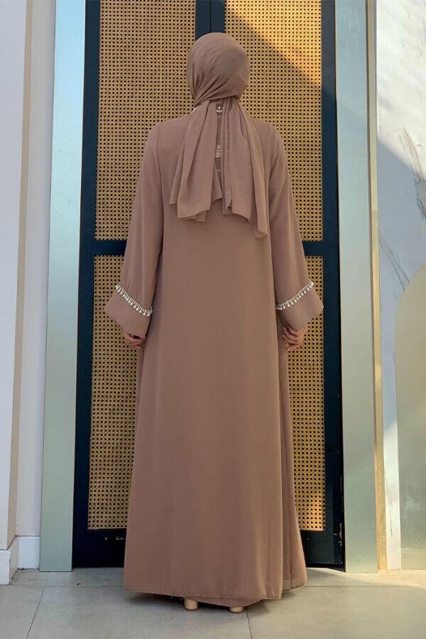İnci Detaylı Abaya Elbise Takım 8493 Vizon - 6