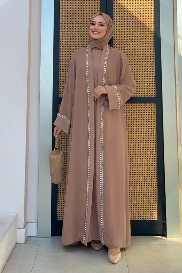 İnci Detaylı Abaya Elbise Takım 8493 Vizon - 7