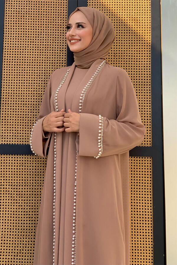 İnci Detaylı Abaya Elbise Takım 8493 Vizon - 8