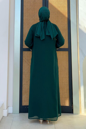 İnci Detaylı Abaya Elbise Takım 8493 Zümrüt - Bym Fashion (1)