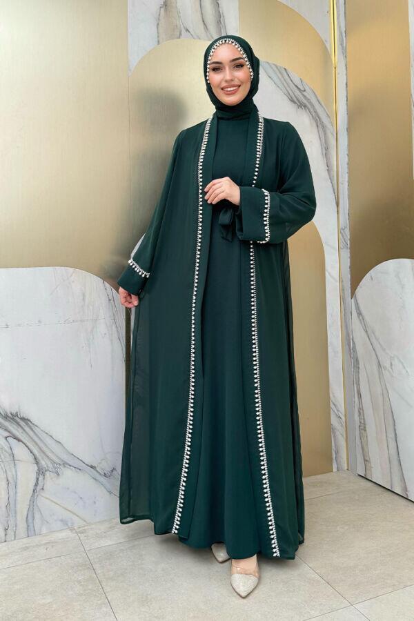 İnci Detaylı Abaya Elbise Takım 8493 Zümrüt - 1