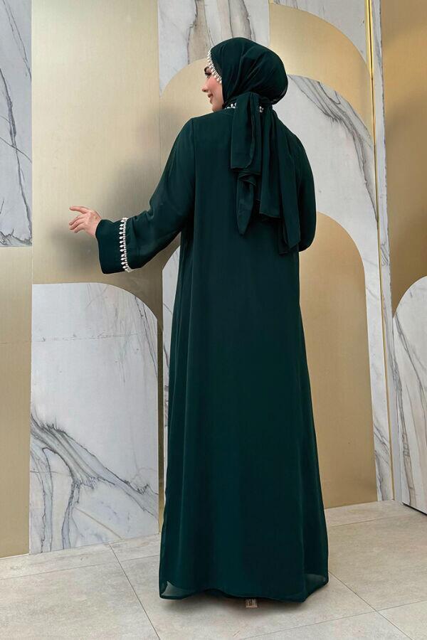 İnci Detaylı Abaya Elbise Takım 8493 Zümrüt - 2