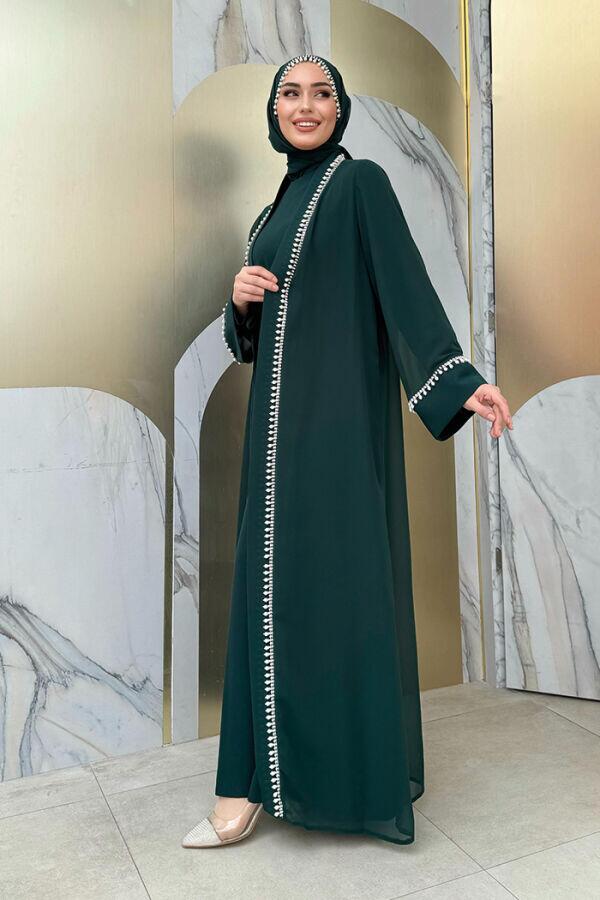 İnci Detaylı Abaya Elbise Takım 8493 Zümrüt - 3