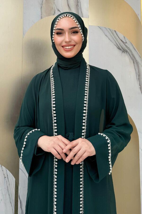 İnci Detaylı Abaya Elbise Takım 8493 Zümrüt - 4