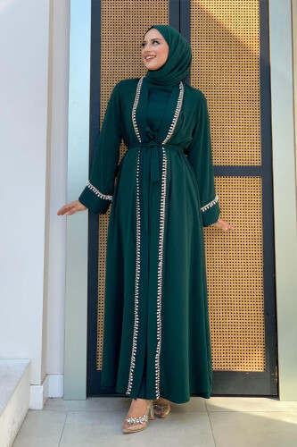 İnci Detaylı Abaya Elbise Takım 8493 Zümrüt - 5