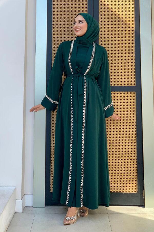 İnci Detaylı Abaya Elbise Takım 8493 Zümrüt - 5