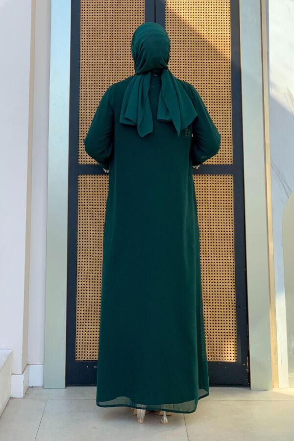 İnci Detaylı Abaya Elbise Takım 8493 Zümrüt - 6
