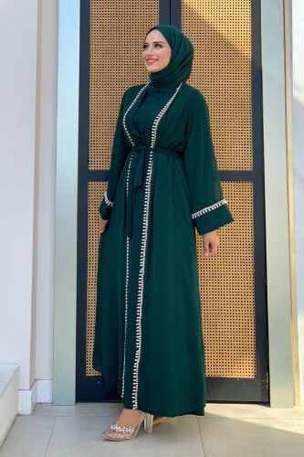 İnci Detaylı Abaya Elbise Takım 8493 Zümrüt - 7