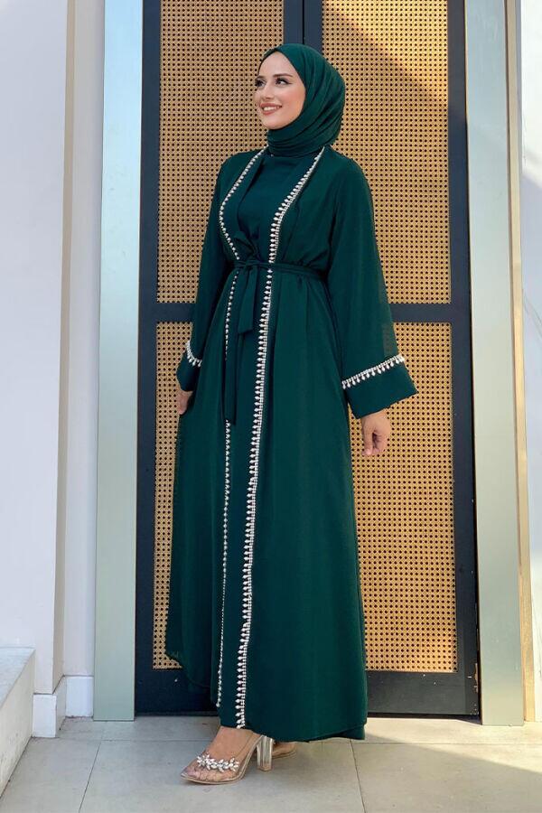İnci Detaylı Abaya Elbise Takım 8493 Zümrüt - 7