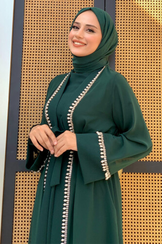 İnci Detaylı Abaya Elbise Takım 8493 Zümrüt - 8