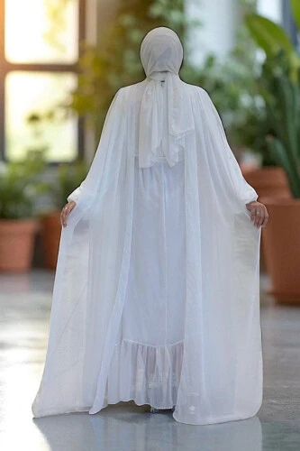 İnci Detaylı Pelerinli Elbise 3973 Ekru - Bym Fashion (1)