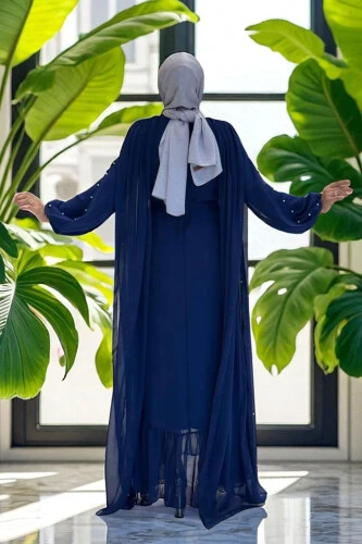 İnci Detaylı Pelerinli Elbise 3973 Lacivert - Bym Fashion (1)