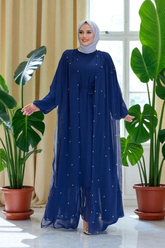 İnci Detaylı Pelerinli Elbise 3973 Lacivert - 1