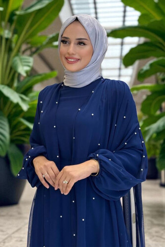 İnci Detaylı Pelerinli Elbise 3973 Lacivert - 4