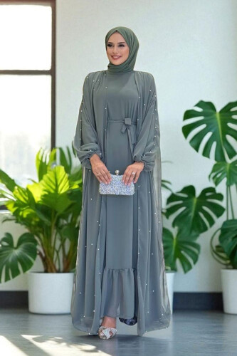 İnci Detaylı Pelerinli Elbise 3973 Mint - Bym Fashion