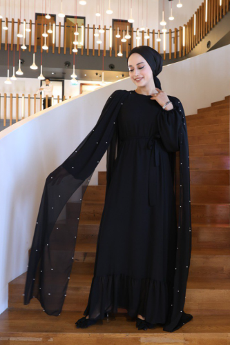 İnci Detaylı Pelerinli Elbise 3973 Siyah - 2